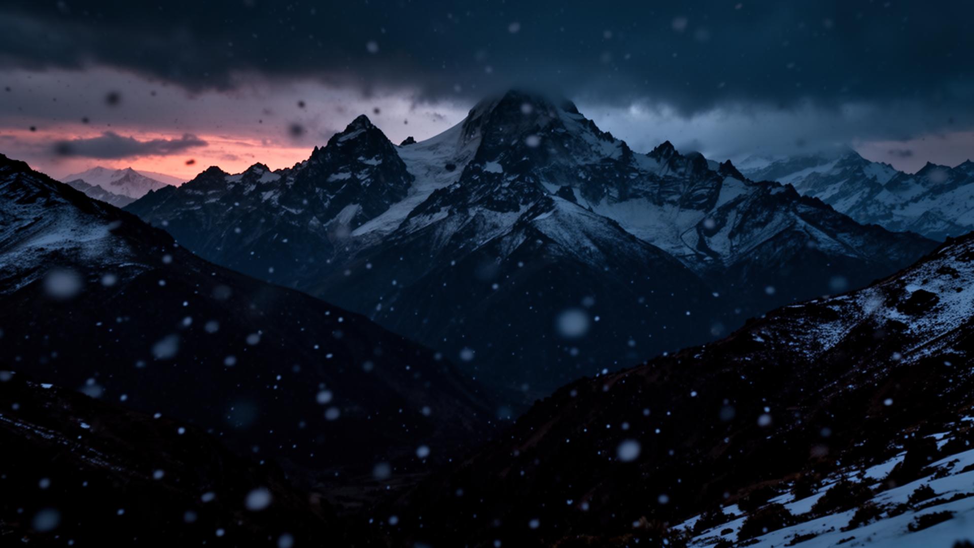 Neve caindo sobre a Cordilheira dos Andes ao crepúsculo